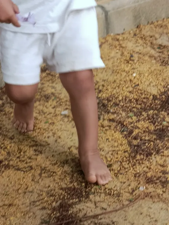 Pies descalzos de un peque caminando sobre la tierra